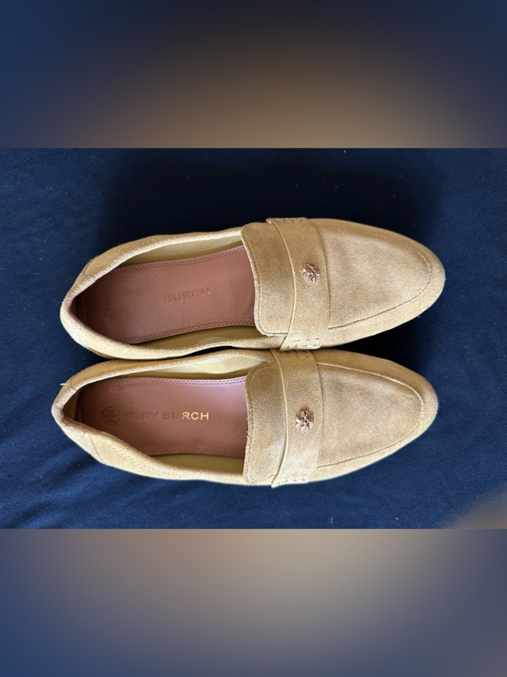 Tory Burch Mustard Yellow Suede Penny Loafers with Gold Emblem Ballet shoes 7.5 - Picture 16 of 16